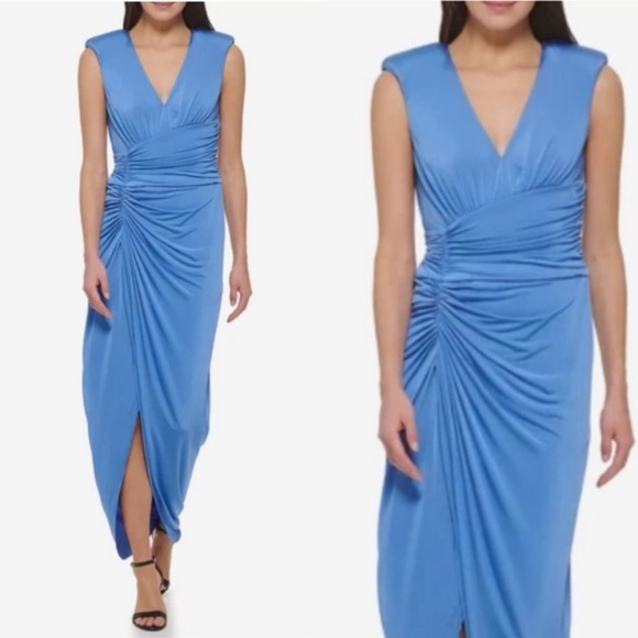 Vince Camuto Ruched Front-slit V-neck Gown Blue NEW Size 4 VC-4331 - Picture 2 of 8